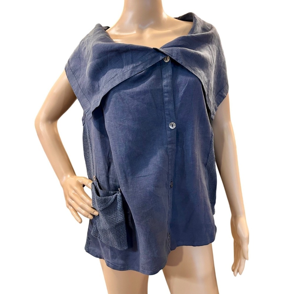 People Like‎ Frank Linen Mesh Top Womens 12 Blue/Gray Avant Garde Chic Lagenlook
